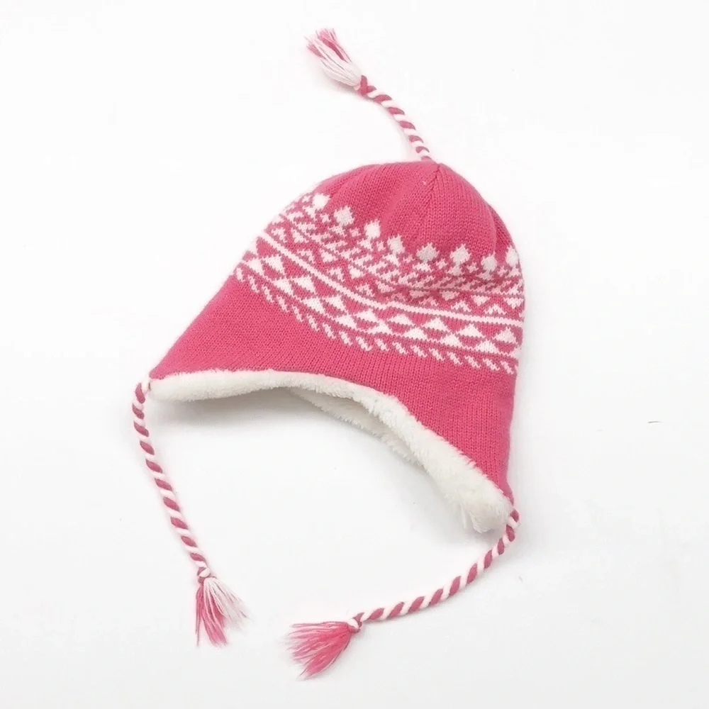 Pink/white little girls fleece lined winter skull cap